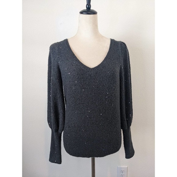 WHBM V-neck Sweater Grey Sz XS Puff Sleeve Sequins Festive Party - Picture 4 of 10